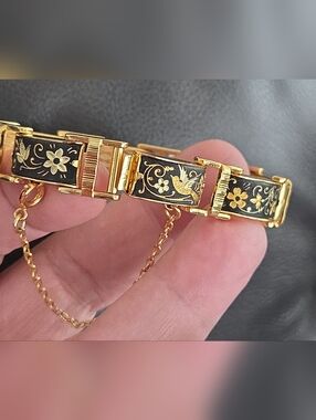 Vintage Damascene Gold Tone Bracelet & Earrings